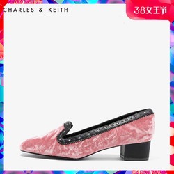 CHARLES＆KEITH单鞋CK1-60920058-1 欧美丝绒铆钉方头女士中跟鞋