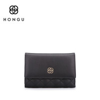 HONGU 红谷 女士钱包牛皮钱包女短款折叠菱格零钱包小包H10503409漆黑