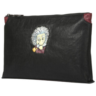 JIVIVIL原创爱因斯坦男士手包时尚个性手拿包头层牛皮信封包拉链款手抓包J608166 复古黑