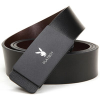 花花公子PLAYBOY男士皮带 平滑扣腰带男 商务休闲牛皮板扣男裤带1090黑色