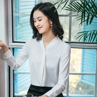 初申 衬衫女韩版修身纯色V领长袖衬衣职业女性OL气质雪纺衫SWCC183180白色M