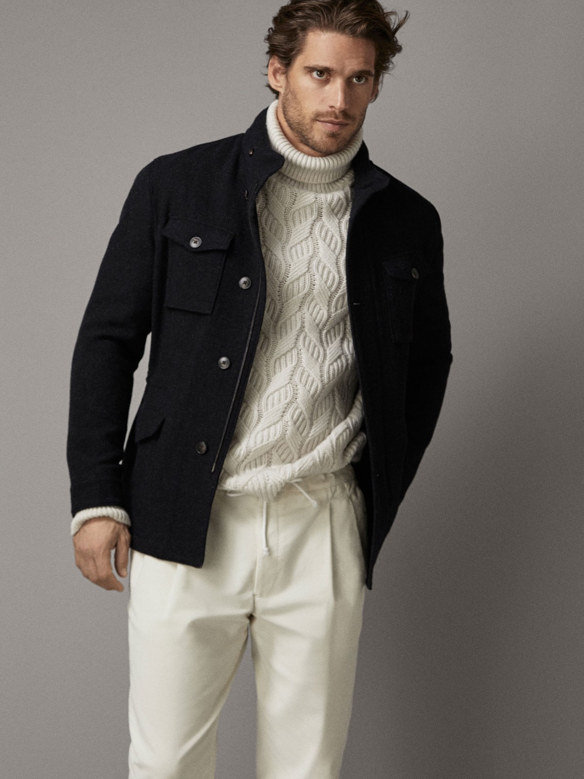 massimodutti02002203401男装修身版口袋装饰羊毛西装外套