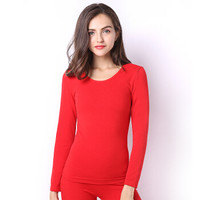 港莎保暖内衣女加绒薄毛圈款 无缝美体内衣 弹力打底秋衣秋裤加绒加厚款 女款-大红 均码