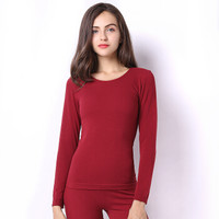港莎保暖内衣女加绒薄毛圈款 无缝美体内衣 弹力打底秋衣秋裤加绒加厚款 女款-酒红 均码