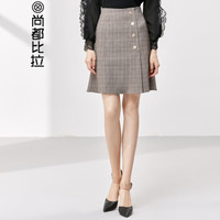 尚都比拉（Sentubila） 复古格子半身裙女2019春季新款中长款荷叶边A字裙鱼尾裙 181Q1919600 杏棕格 S