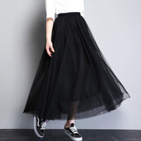 俞兆林（YUZHAOLIN）半身裙2019春夏季韩版百搭网纱裙中长款松紧腰百褶裙 四层网纱黑色 75CM
