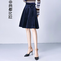 尚都比拉（Sentubila） 纯色圆扣装饰配腰带显瘦A字半身裙 174Q0618860 藏蓝色 XL