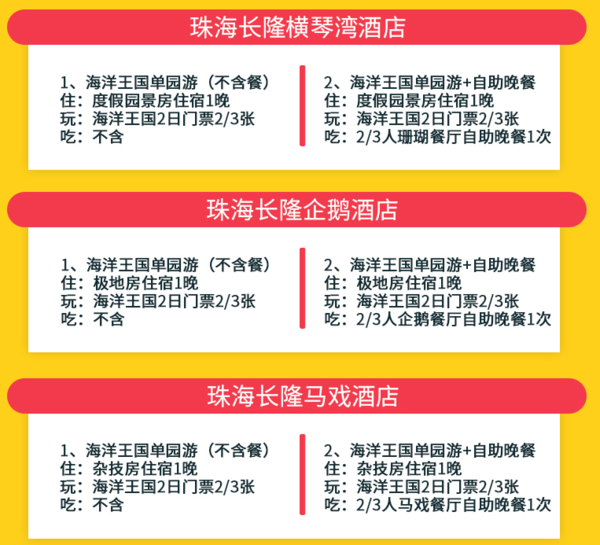 珠海长隆横琴酒店/企鹅酒店/马戏酒店+海洋王国2日票套餐(可订晚餐)