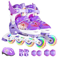 迪士尼(Disney)溜冰鞋儿童全套装轮滑鞋男女可调全闪光旱冰鞋滑冰鞋 紫公主S码（建议平时27-32码3-6岁）