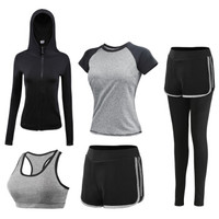 潮流假期 瑜伽服女套装春夏新款修身显瘦跑步健身服速干长裤短袖运动装女 YD20199-黑拼灰色-外套五件套-XXXL
