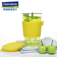 韩国Glasslock原装进口玻璃杯带盖便携透明钢化水杯学生可爱杯随手杯家用耐热(450ml海洋蓝PC918)