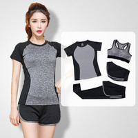 普为特POVIT 瑜伽服女套装运动跑步健身速干衣修身显瘦透气春夏款四件套 亚麻灰XL码 P-836