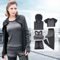 潮流假期 瑜伽服健身服运动套装女夏秋季五件套长袖上衣外套大码跑步瑜珈服YD20185-深灰弧线-外套五件套XXXL