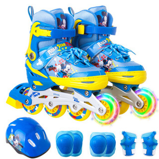迪士尼(Disney)溜冰鞋 儿童男女套装轮滑鞋 可调单闪旱冰鞋 蓝色米奇(八轮含护具头盔)M码