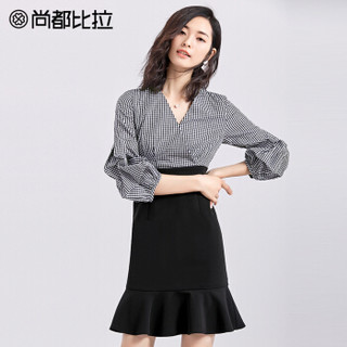 尚都比拉（Sentubila） 2019春季女装收腰显瘦灯笼袖鱼尾裙V领拼接格子连衣裙春 181L1819573 黑白格配黑 L