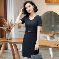 初申 夏季新款短袖连衣裙女韩版修身条纹职业套裙SWQZ185102黑色XL