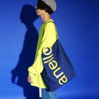 anello日本潮流大logo棉质帆布两用手提包单肩包 蓝布黄字