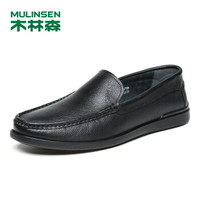 木林森（MULINSEN）韩版简约套脚牛皮商务休闲豆豆男皮鞋 黑色套脚 41码 SS87108