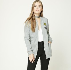 Forever 21女士外套时尚趣味混色笑脸贴章中长款棒球服夹克外套女