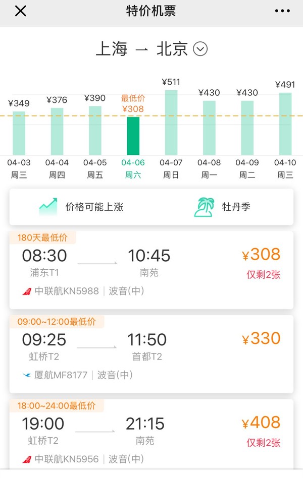 4月6日 上海-北京 单程机票