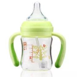 gb好孩子 玻璃奶瓶 宽口径婴儿奶瓶 仿母乳实感L号自控流量奶嘴 带手柄吸管 120ml 绿色小树 *5件
