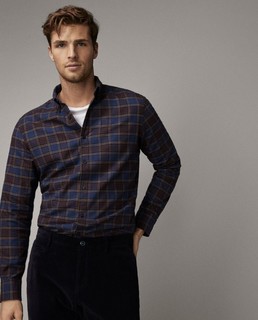 限XL码：Massimo Dutti 00113014401 男士修身款斜纹布格纹衬衫