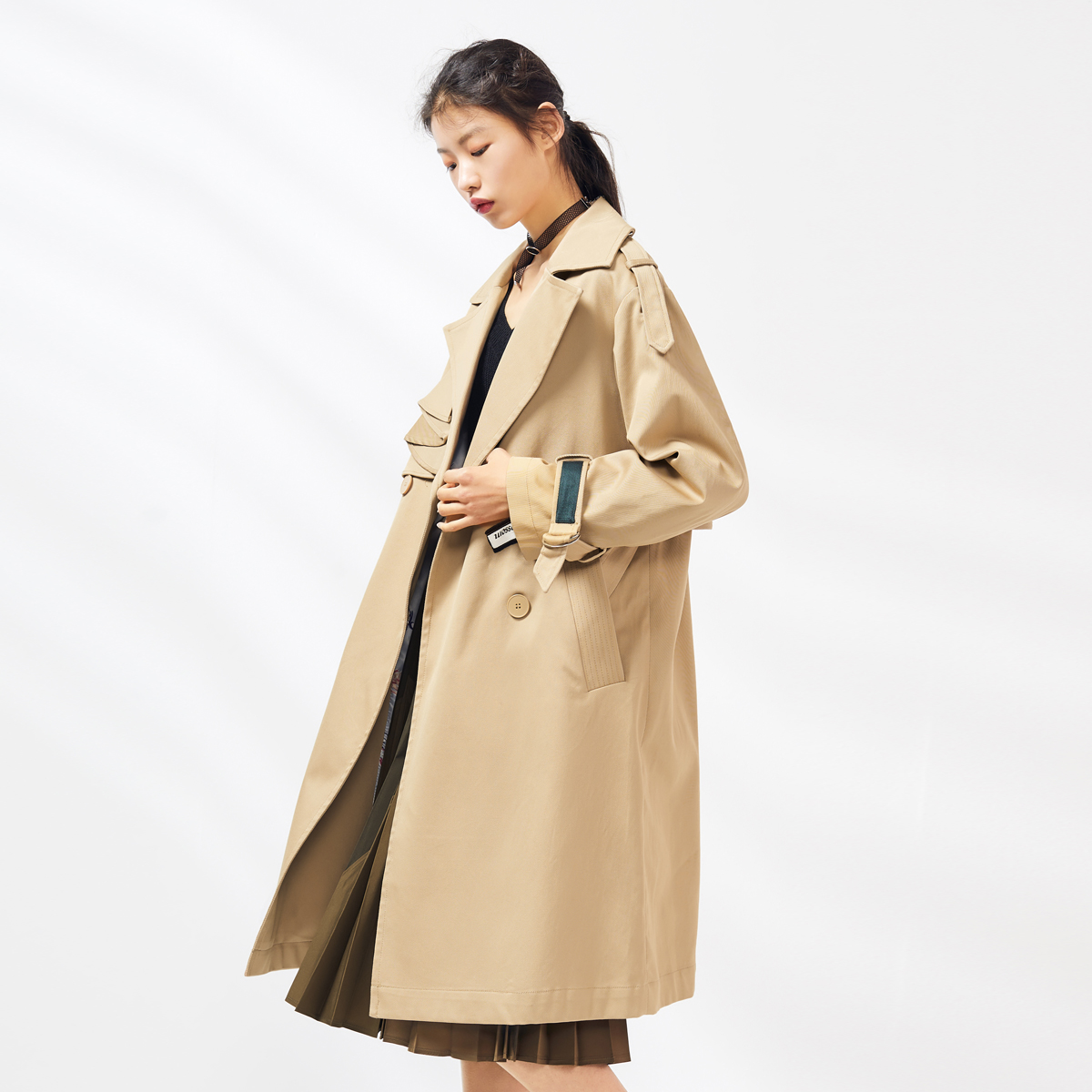 PEACEBIRD 太平鸟 2018春季新款女装双排扣外套 (中长款、卡其色、L)