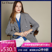拉夏贝尔时尚通勤中长格子风衣2019春季新款韩版宽松外衣流行外套
