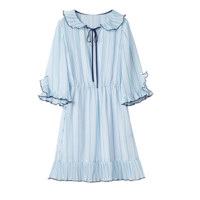 OECE 女清新蓝抢镜减龄花边系带条纹雪纺连衣裙 182FS485 (蓝色、M)