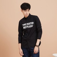 美特斯邦威旗下 4M长袖衬衫男秋季韩版修身字母印花白衬衣潮流