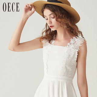 OECE 女仙女蕾丝拼接系带收腰白色无袖连衣裙182FS547白色 M (白色、M)