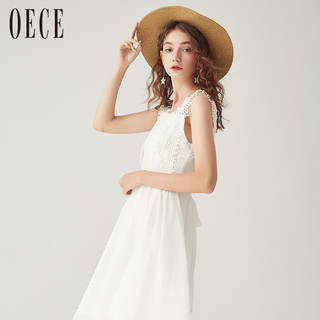 OECE 女仙女蕾丝拼接系带收腰白色无袖连衣裙182FS547白色 M (白色、M)
