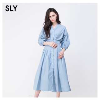 SLY 斯赖 女V领收腰七分灯笼袖仙女衬衫连衣裙 030BSY33-0050绿色 00001 (绿色、00001)