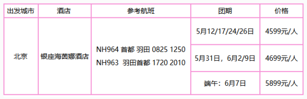 北京-日本东京6天5晚自由行 全日空直飞 5晚酒店近银座商圈