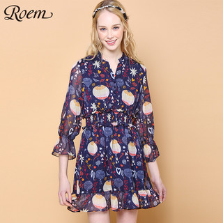 Roem 罗燕 女中长款碎花喇叭袖甜美风连衣裙雪纺收腰 RCOW86102B 粉红色 S (粉红色、S)