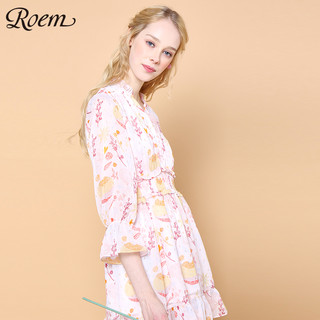 Roem 罗燕 女中长款碎花喇叭袖甜美风连衣裙雪纺收腰 RCOW86102B 粉红色 S (粉红色、S)