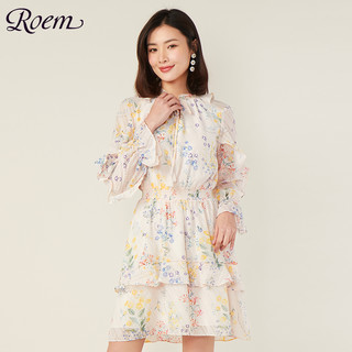 Roem 罗燕 女雪纺时尚修身气质收腰中长款碎花连衣裙RCOW81208T