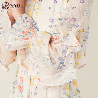 Roem 罗燕 女雪纺时尚修身气质收腰中长款碎花连衣裙RCOW81208T海军蓝 M (海军蓝、M)