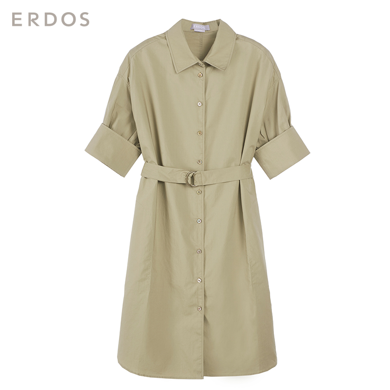 ERDOS 鄂尔多斯 女纸棉时装系列纯色纯棉短袖衬衫连衣裙女E275I3010