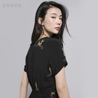 ERDOS 鄂尔多斯 女可爱小鹿圆领收腰真丝系带连衣裙 E285I2021黑棕色 L (黑棕色、L)