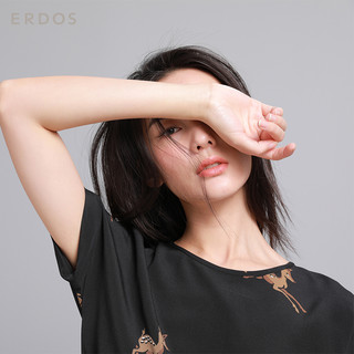 ERDOS 鄂尔多斯 女可爱小鹿圆领收腰真丝系带连衣裙 E285I2021黑棕色 L (黑棕色、L)