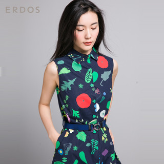 ERDOS 鄂尔多斯 女花草芭蕾系列印花无袖纯棉腰带连衣裙 E285I3002蓝绿 165 (蓝+绿、165)