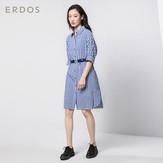 ERDOS 鄂尔多斯 女进口蓝白格子宽松棉质腰带衬衫连衣裙 E285I3032蓝白 160 (蓝白、160)