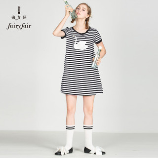 Fairyfair 淑女屋 女圆领天鹅短袖黑白条纹显瘦连衣裙 FIAGAA2701黑白条 S (黑白条、S)