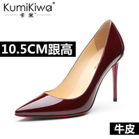 KumiKiwa卡米漆皮头层牛皮细跟浅口尖头高跟单鞋 K16QN3329 酒红色10CM 34