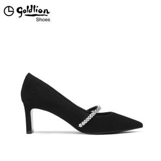 金利来（goldlion）女士时尚钻链装饰反绒皮尖头浅口工作高跟单鞋62083054801P-黑色-35码
