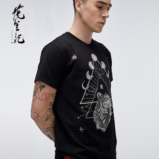 花笙记 男士白虎印花烫钻中国风圆领短袖T恤 U185ST124-1 黑色 M