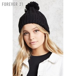 Forever 21 女士帽子保暖纯色罗纹卷边毛球针织帽