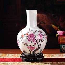 景德镇 手工陶瓷花瓶 水点桃花天球瓶配实木底座