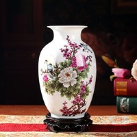 景德镇手工陶瓷博古架青花瓷花瓶 (花好月圆冬瓜瓶（实木底座）)